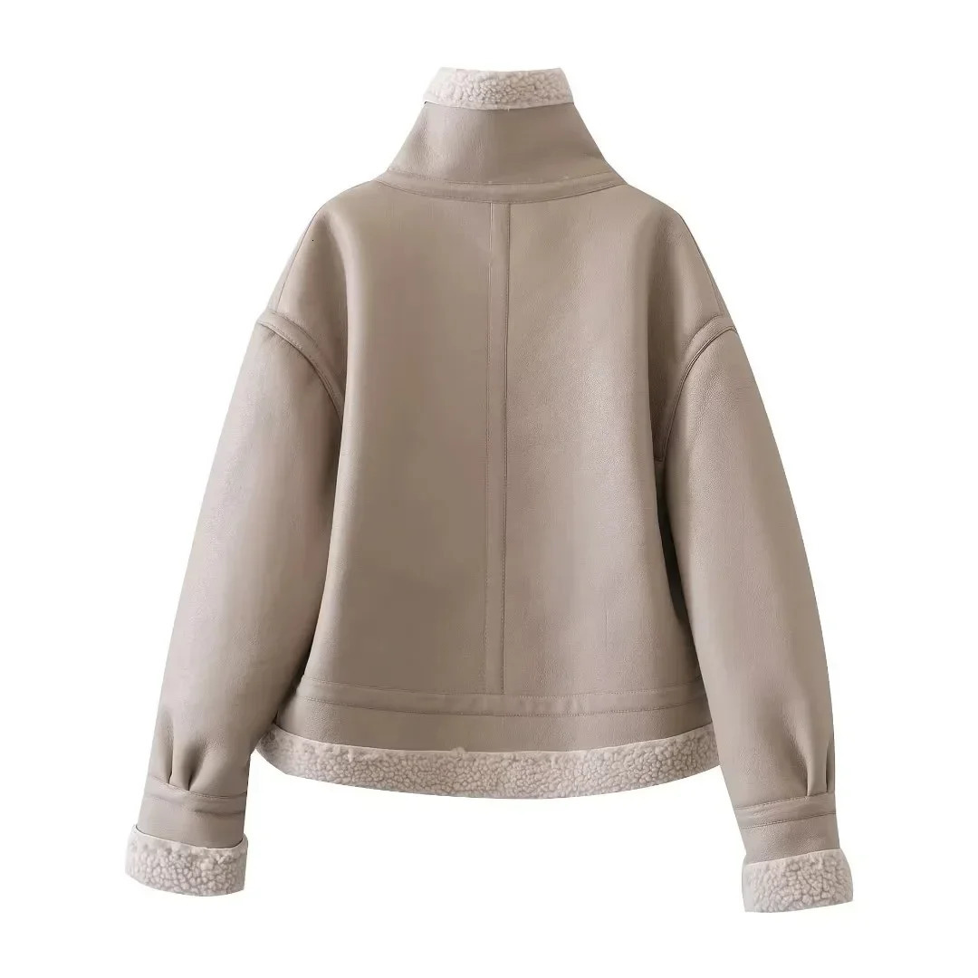 Women Fashion Thick Warm Faux Leather Shearling Jacket Coat Vintage Long Sleeve Flap Pocket Female Outerwear Chic Tops 241216