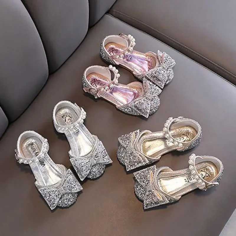 Sandals Childrens Sequins Sandals Girls Sweet Bow Rhinestone Princess Shoes Fashion Non-slip Flat Kids Soft Bottom Sandals H241217