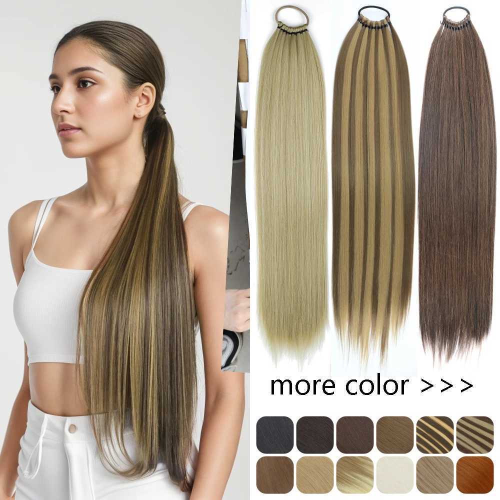 Synthetic Straight Ponytail Extensions Rubber Band Hair Braided Pony Tail Hairpiece 24Inch Black Blonde Brown Hairstyle ForWomemXJ241221