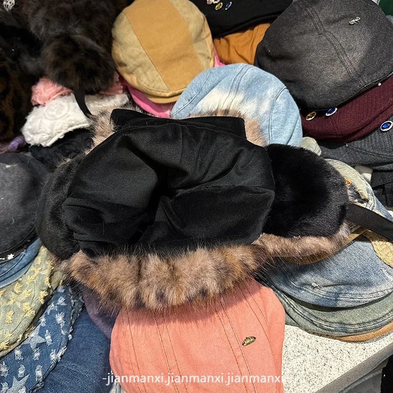 American mink leopard printed bear ear thunder wind hat for men and women winter plush warm ear protector Russian hat 241220