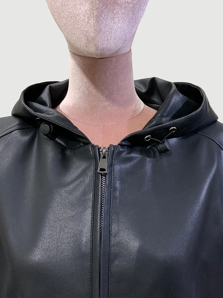 Mauroicardi Spring Cool Short Waterproof Black Pu Leather Jacket Women with Hood Long Sleeve Zipper y ner Clothes 241216