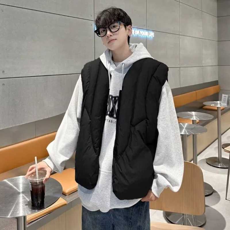 FEWQ American Deconstruction Men Short Cotton Jacket 2024 Winter New Fashion Wearing Vest Zipper Sleeveless Design Tops 24E5212XJ241221