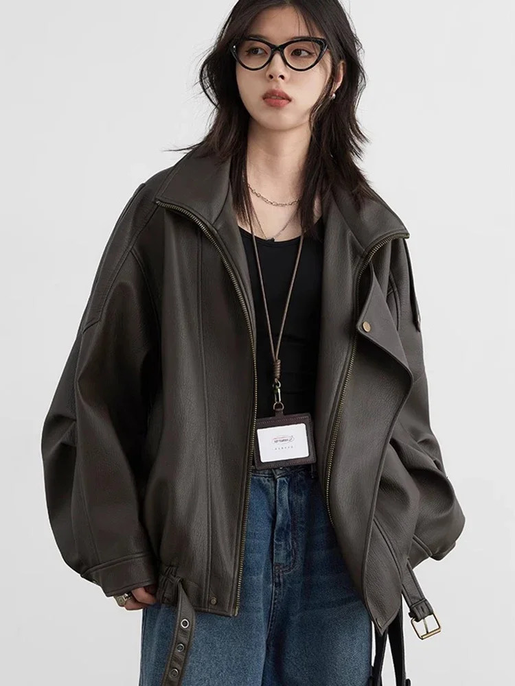 CHIC VEN Female PU Jacket Solid Loose Retro Standing Collar Motorcycle Faux Leather Coat Top Spring Autumn 241216