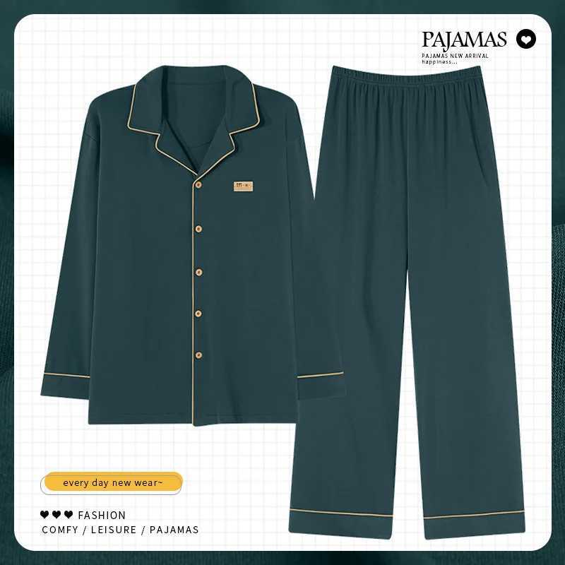 Mens cotton lapel loose long sleeved green casual wear spring and autumn sleepwear large size L-4XL cardigan set pijma hombre W241221