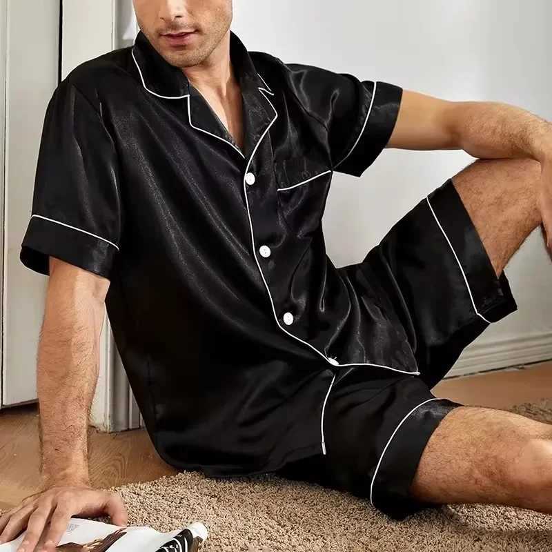 Mens pajama set suitable for summer short sleeved pocket button down shirts and shorts large-sized casual suit set pajamas W241221