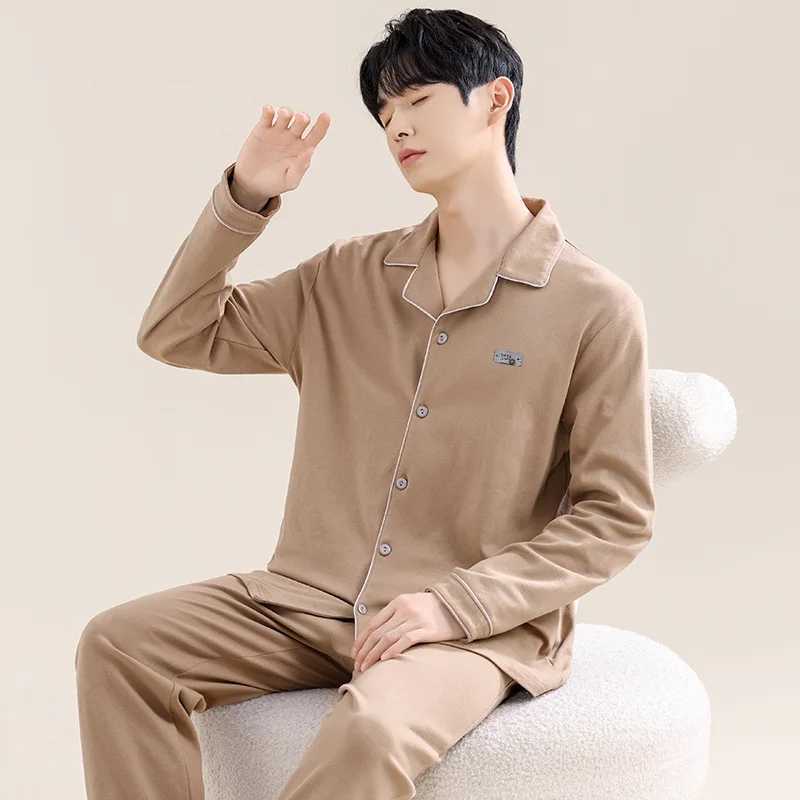 High quality 100% pure cotton mens sleepwear set for autumn and winter comfortable and warm soft spandex mens spring long sved sleepwear W241221