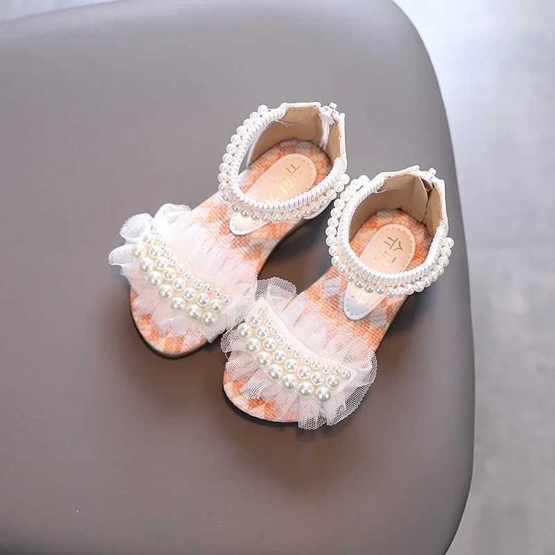 Sandals Girls Sandals Lace Pearl Zipper Sweet Summer Children Sliders Open Toe 21-36 Toddler Fashion Soft Dance Kids Sliders H241217