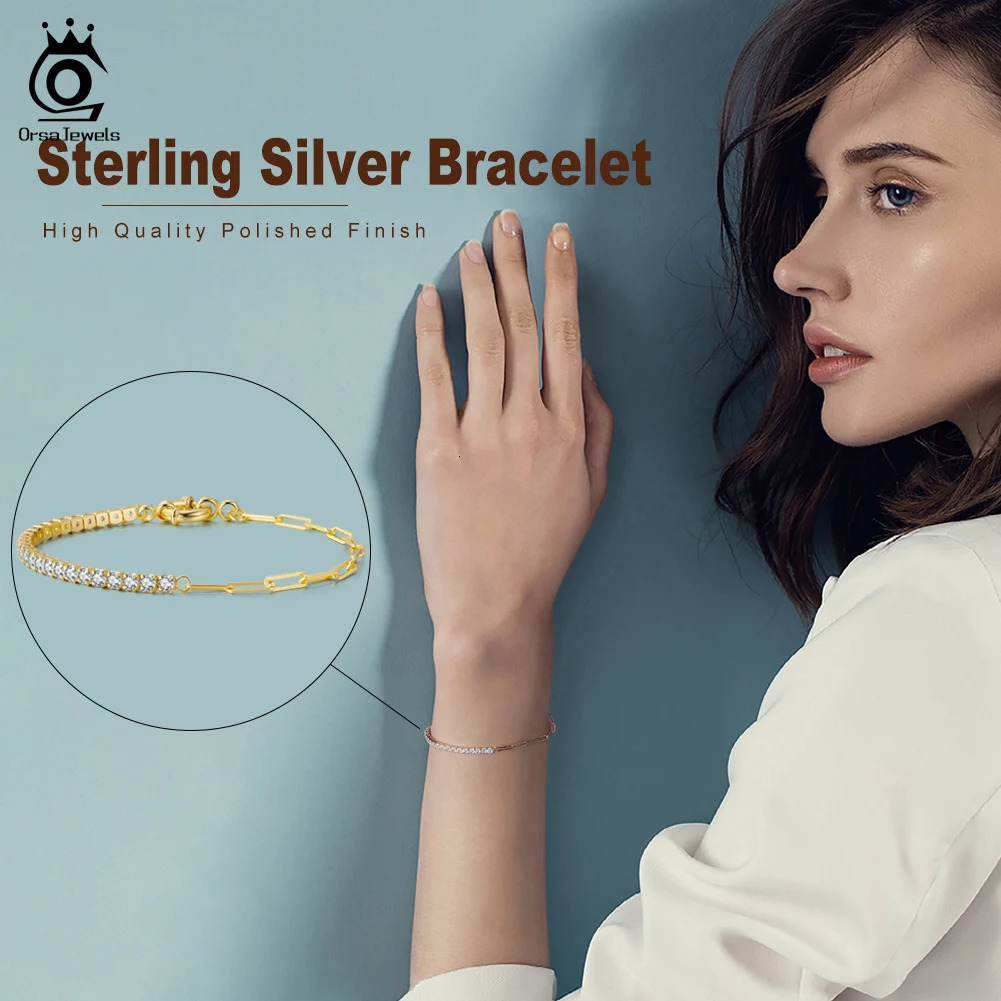 ORSA JEWELS 925 Sterling Silver Paperclip Chains Tennis Bracelet for Women Cubic Zirconia Chain Bracelet Fashion Jewelry SB119 241220