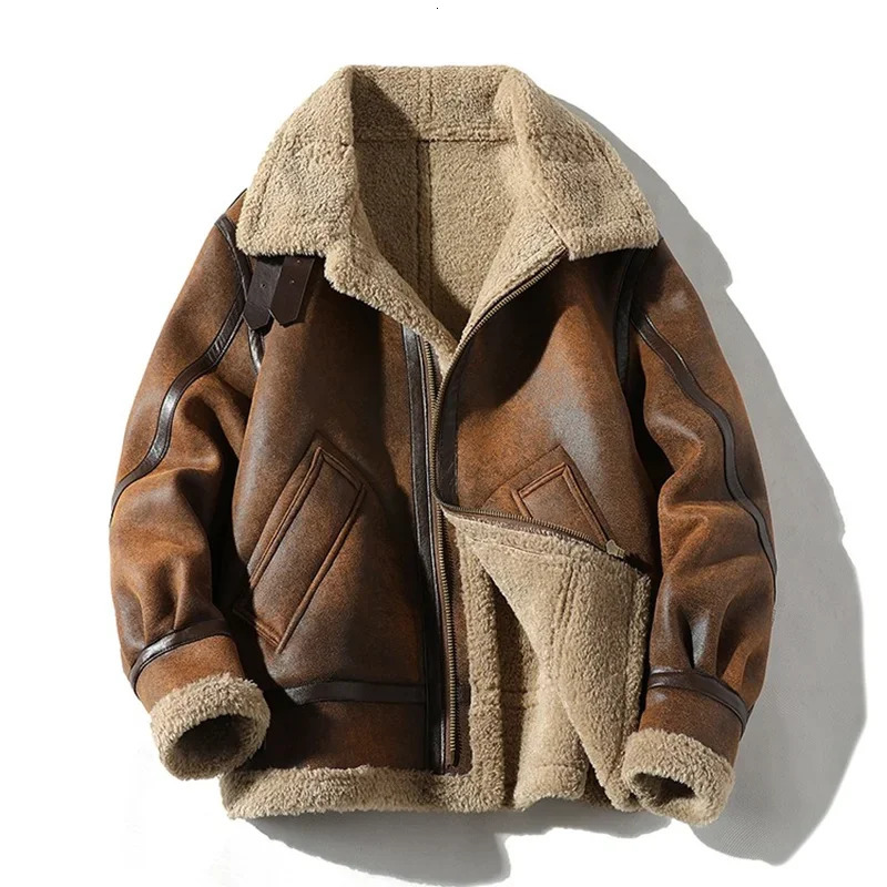Fur Mens Autumn Winter Thickening High-end Leather Jacket / Plus Velvet Thickening Fashion Large Size Khaki Man PU Jacket 241216