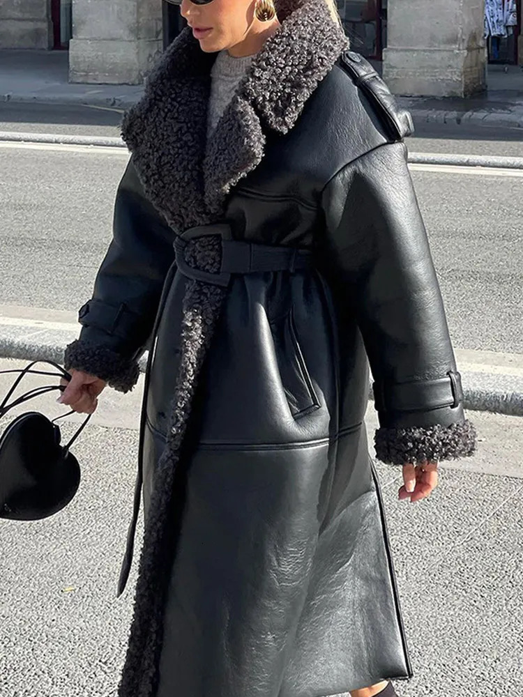 Warm Lapel Lamb Woolen Woman Leather Coat Chic Belt Black Full Sleeve Jacket Fall Winter Lady High Street Outerwear 241216