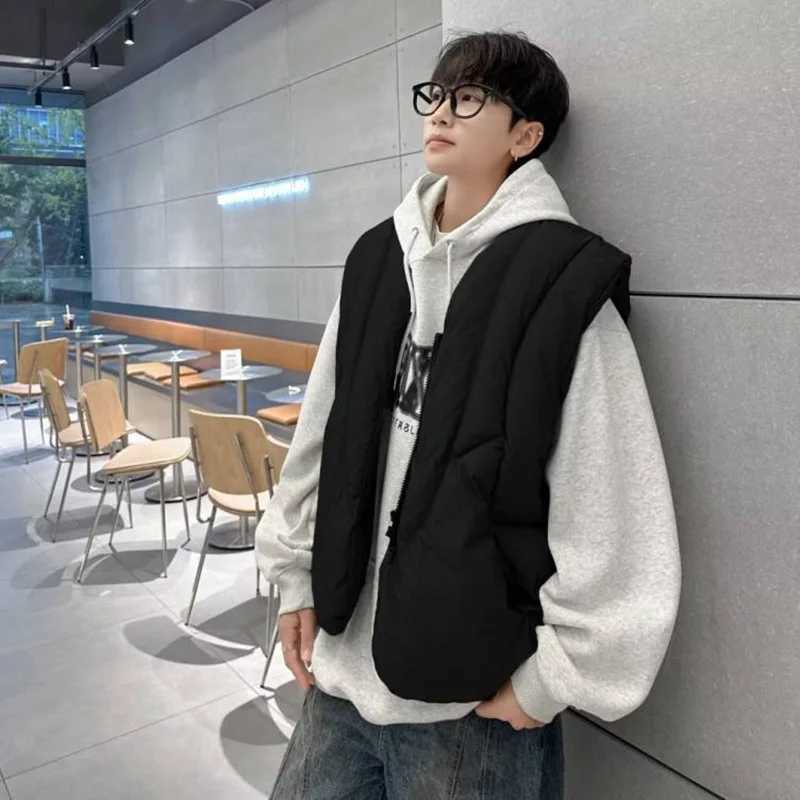 FEWQ American Deconstruction Men Short Cotton Jacket 2024 Winter New Fashion Wearing Vest Zipper Sleeveless Design Tops 24E5212XJ241221