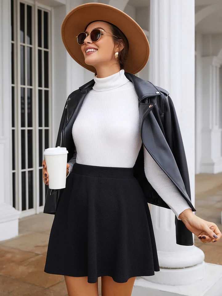 Solid color skirt fluffy skirt elastic waist elastic mid waist black umbr skirt big swing skirt short skirtXJ241221