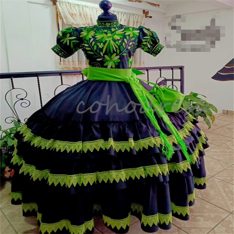 Mexican Black And Green Quinceanera Dresses Short Sleeve Charro Embroider Birthday Party Gown With Bow Vestidos De 15 Anos Xv Debutante Halloween Cosp