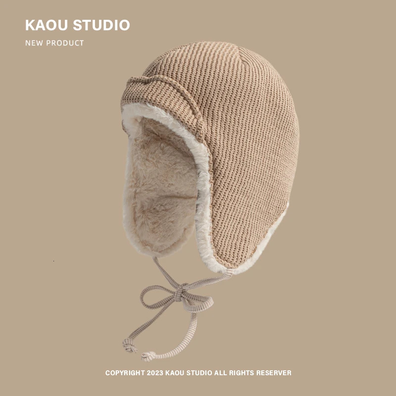 WInter solid color knitted Lei Feng hat mens and womens velvet skiing ear protection bicycle Russian hat bomber hat 241220