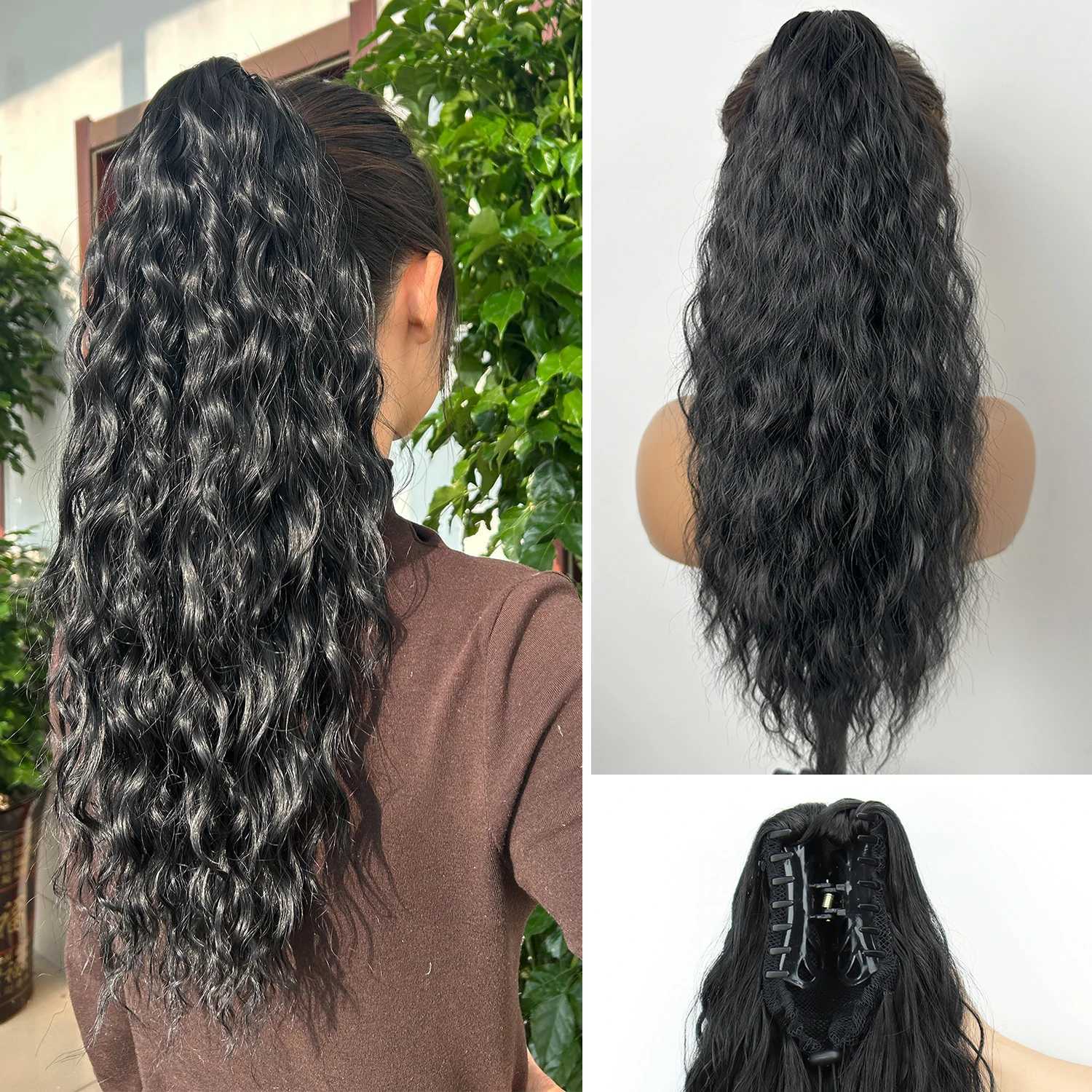 Synthetic Long Wavy Claw Clip Ponytail Extension Black Brown 18 Curly Pony Tail for Women Daily Use Fluffy Natural LookingXJ241221