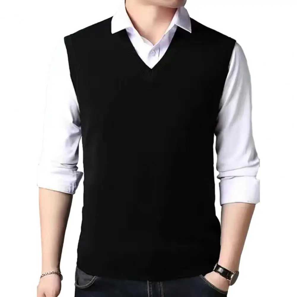 Solid Color Sleeveless Vest Knitted Vest Versatile Mid-aged Mens V-neck Knitted Sweater Vest Slim Fit Sleeveless PulloverXJ241221