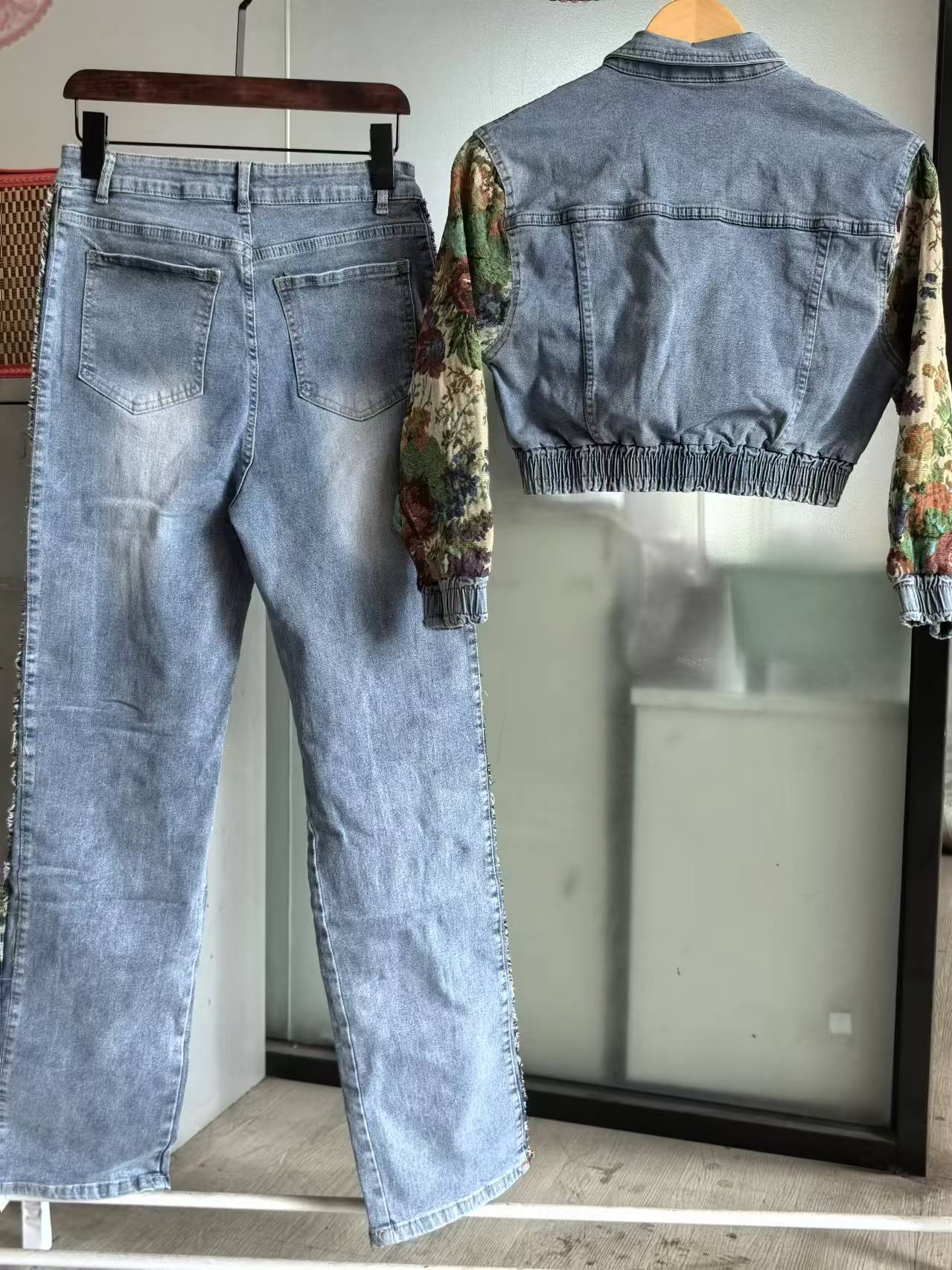 Women's Patchwork Full Sleeve Button Fly Jacket And Ripped Jeans Pants Suit Two 2 Piece Set Outfit