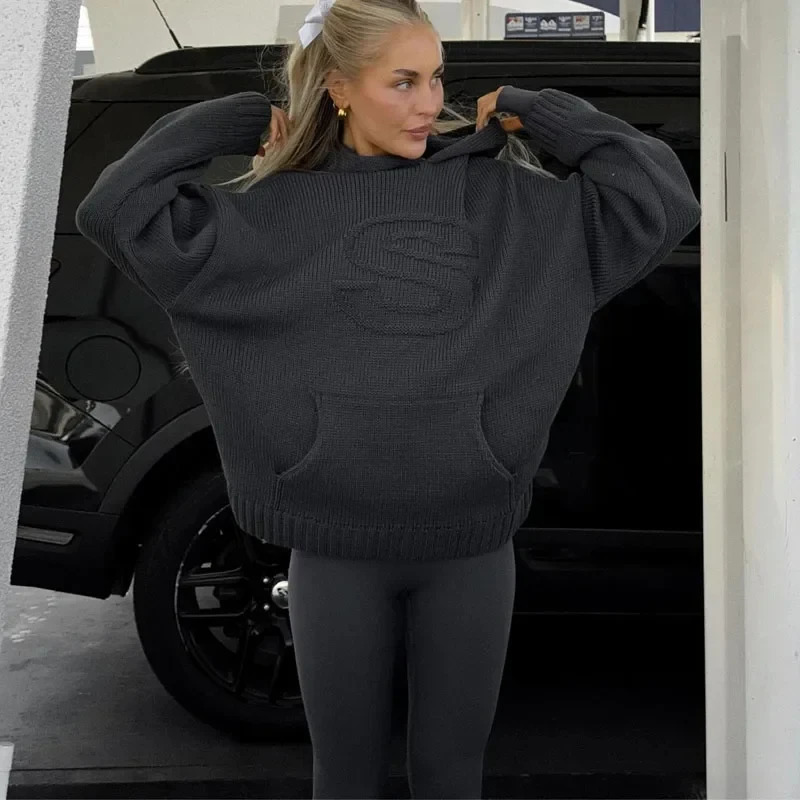 Europe United States autumn and winter warm letter knitted hooded sweater long sleeved for womens loose fit. 241219