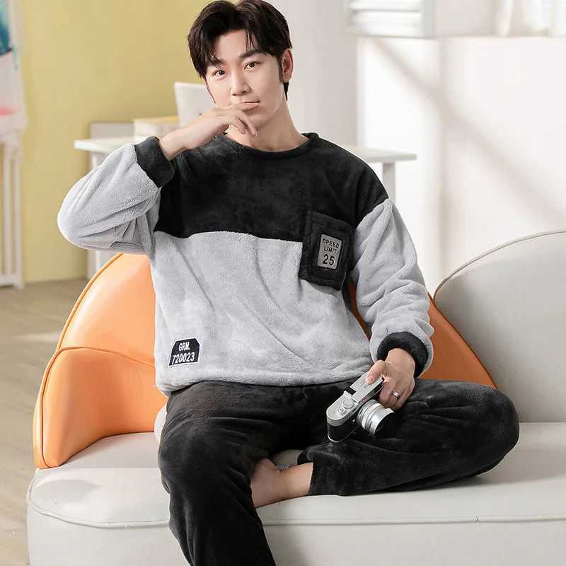 Autumn and winter thick warm flannel mens pajamas two-piece round neck coral velvet long sleeved family wear couple pajamas W241221