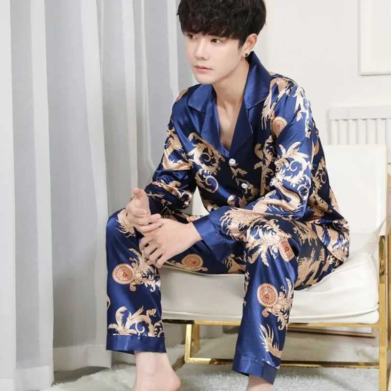 Luxury brand silk sleepwear mens long sleeved button up shirt long pants sleepwear set home casual wear Korean style loose sleepwear new W241221