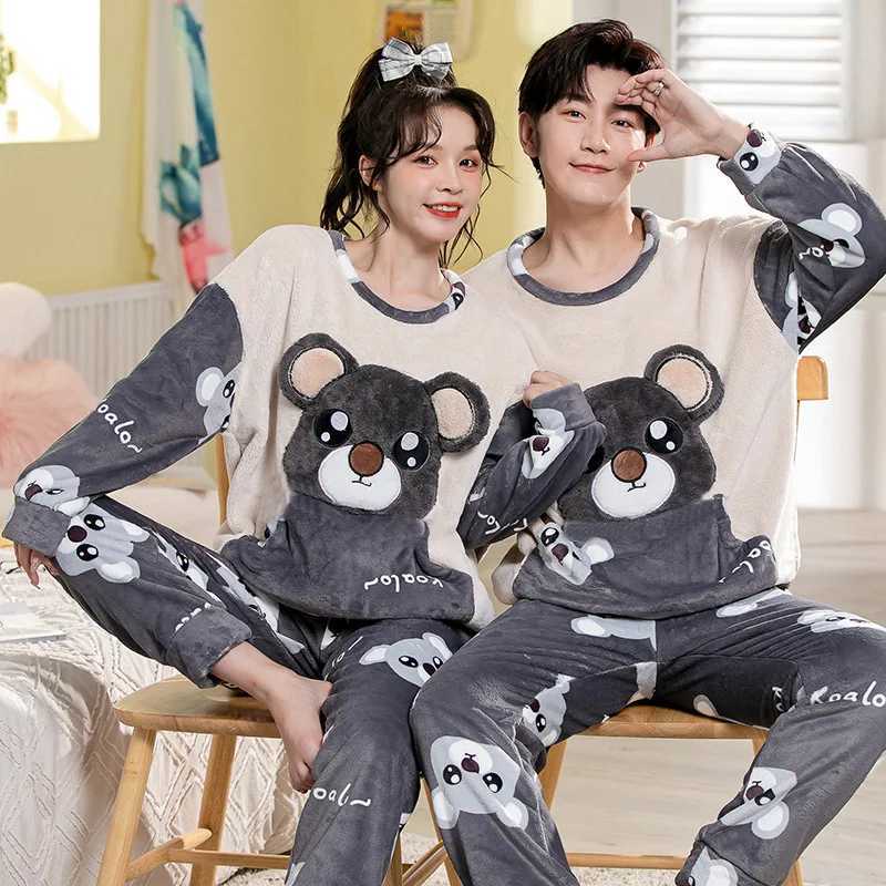 Autumn and winter thick warm flannel mens pajamas two-piece round neck coral velvet long sleeved family wear couple pajamas W241221