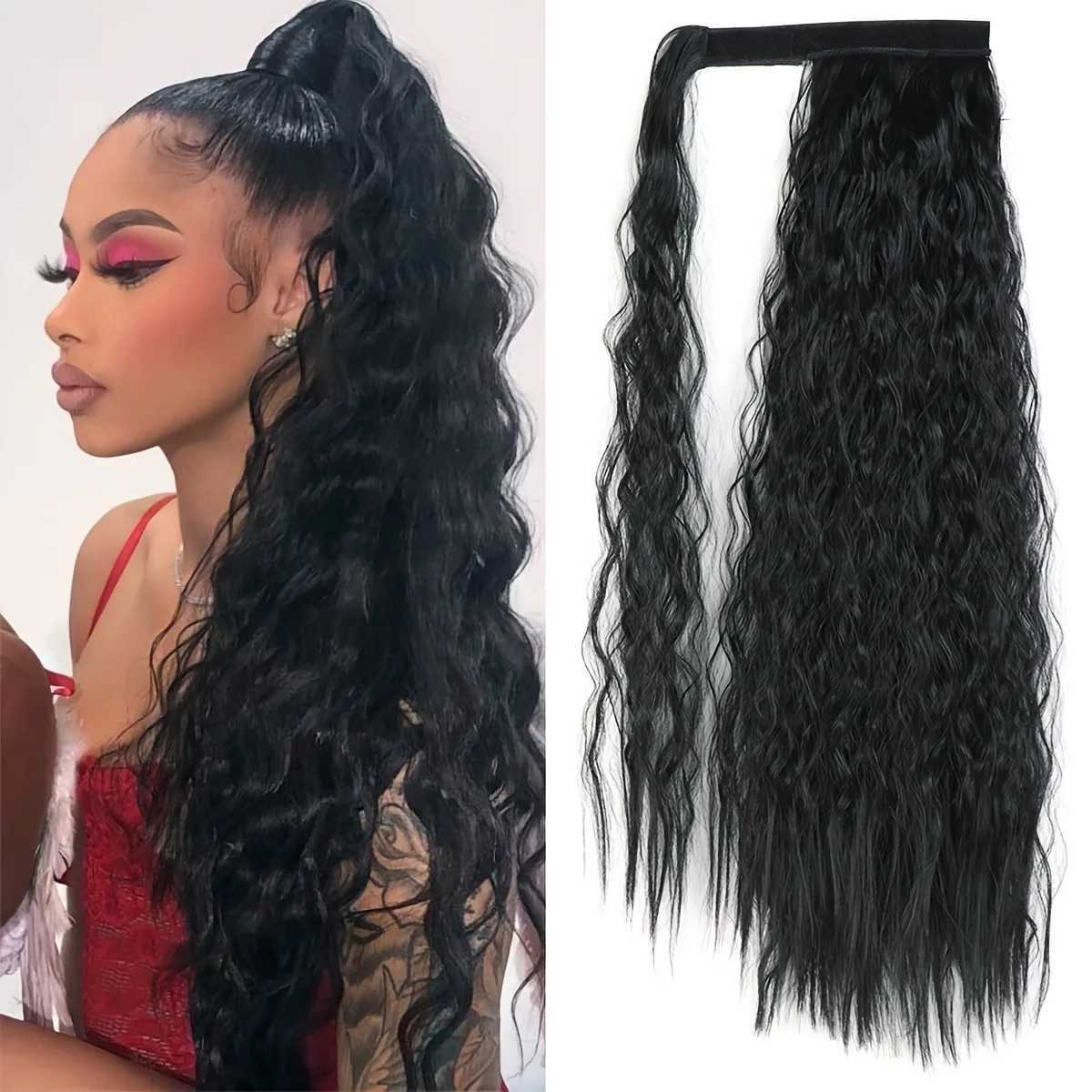 22 Inch Corn Wave Ponytail Extension Heat Resistant Synthetic Hair Extension Wrap Around Ponytail Black Hairpiece For WomenXJ241221