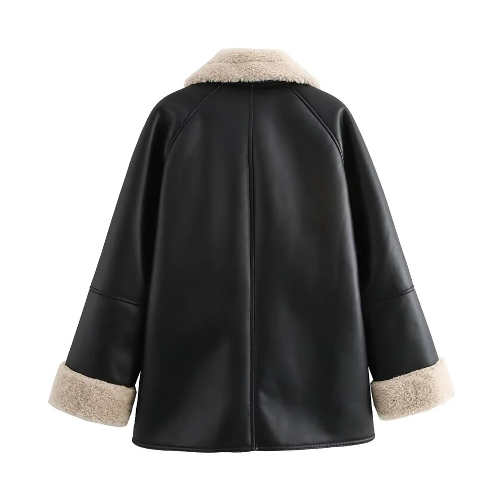 Zach Ailsa Autumn Product Womens Casual Collar Long Sleeve Leather Effect Double sided Loose and Versatile PU Jacket Coat 241216