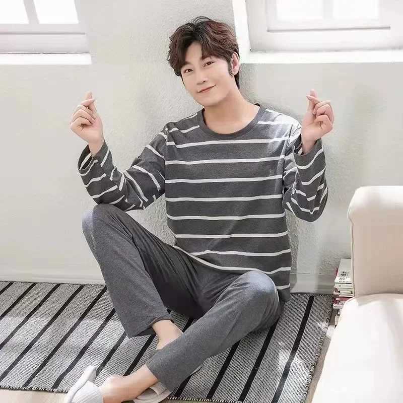 Mens long sleeved cotton autumn and winter pajamas can be worn over casual plus gray striped pajamas W241221