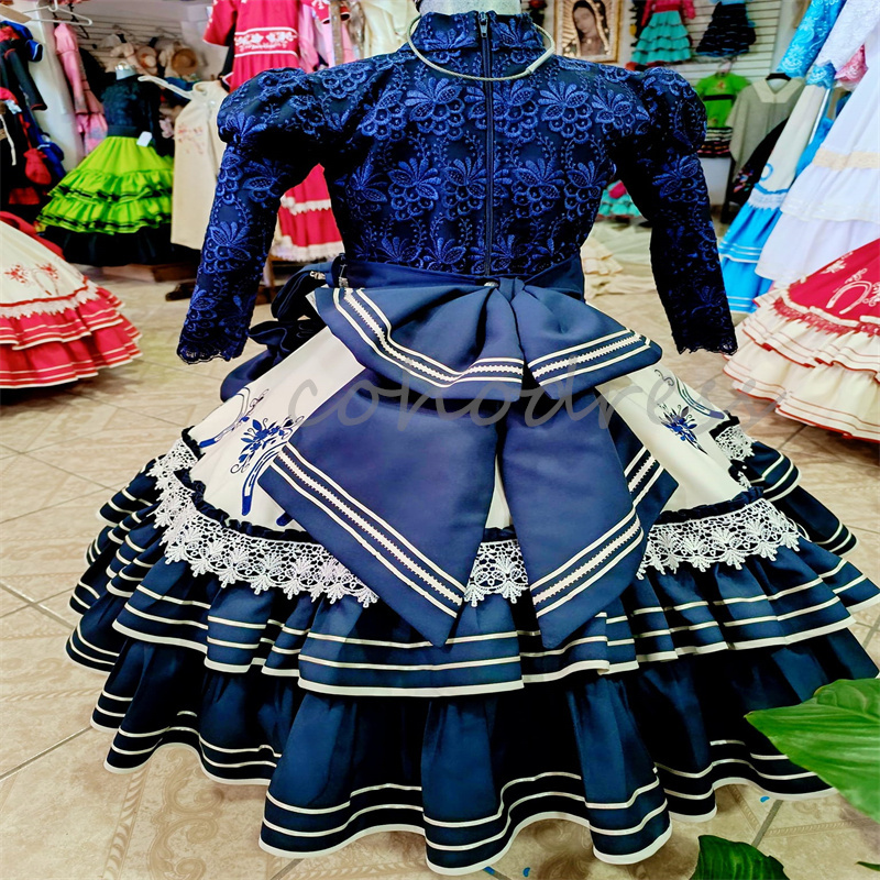 Luxury Mexican Flower Girls Dress A Line Long Sleeve Lace Navy Birthday Dress Mariachi Kid Embroidery Pageant Party First Holy Communion Dress Caramuz