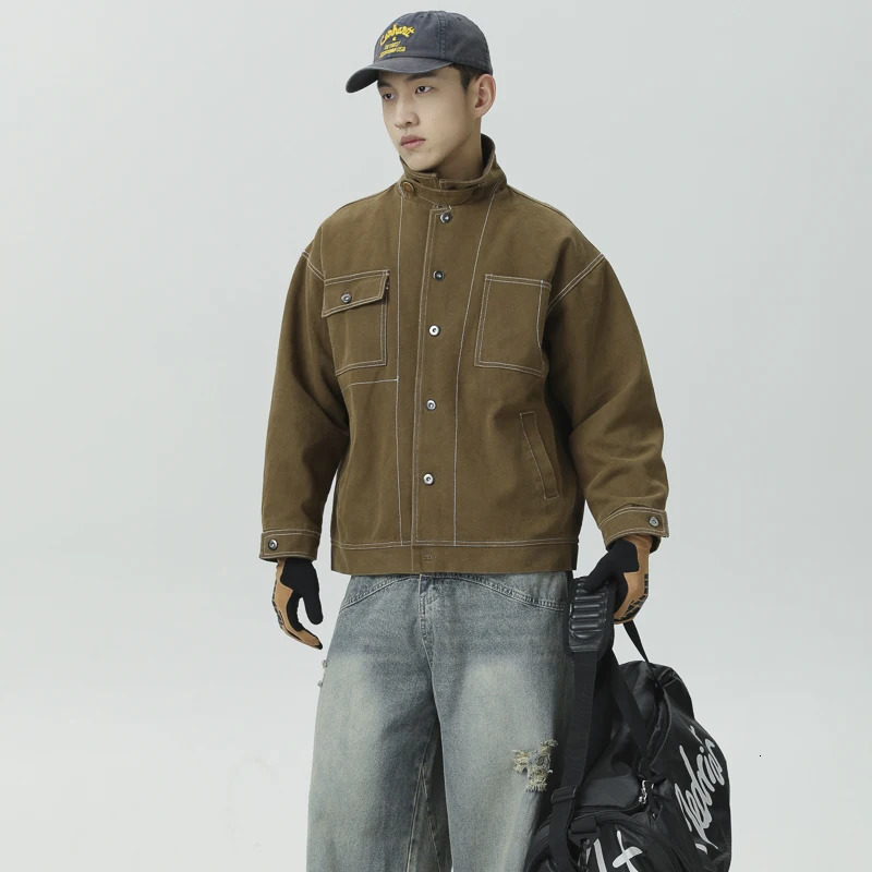 Autumn Bright Line Work Jacket Men Japanese Streetwear Amikaji Fashion Loose Casual Vintage Motorcycle Cargo Jacket Coat 241217