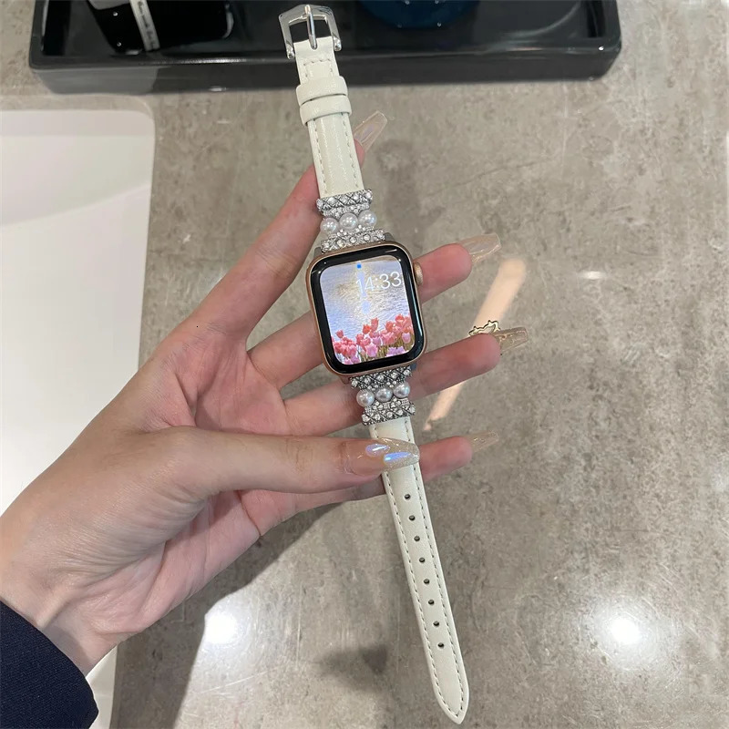 Leather Bracelet For iWatch Series 41 45mm 38 42 44mm 40 Pearl Decorate Women Wrist Strap For Watch 8 7 6 5 4 3 SE 241220