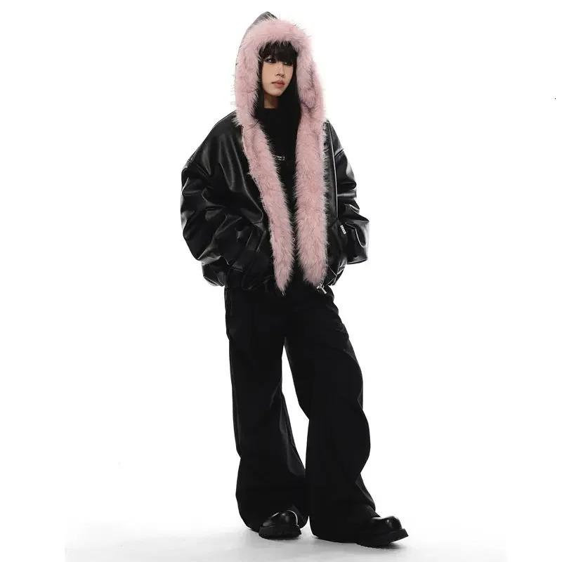 Y2K Trendy American High Street PU Fur Collar Hooded Leather Jacket Retro Goth Hiphop Zipper Unisex Loose 241216