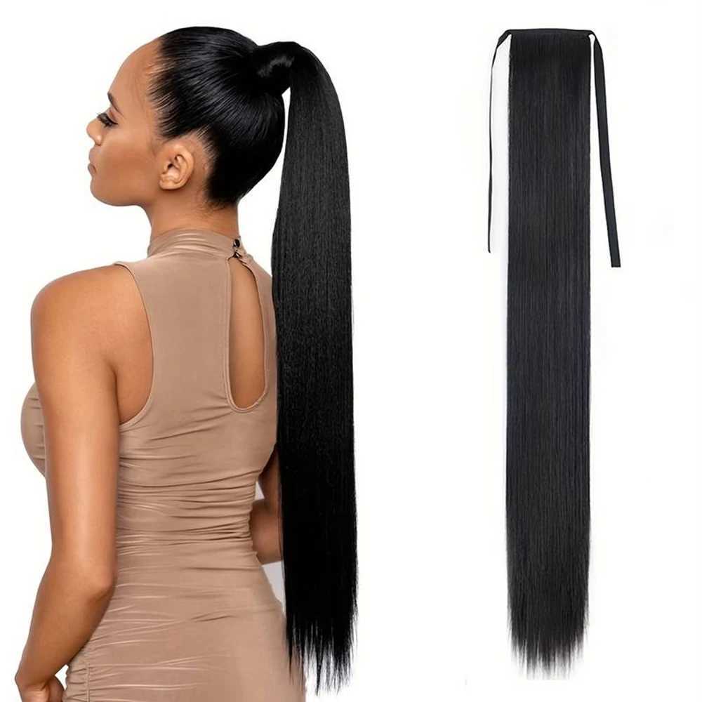 85cm Synthetic Ponytail Long Straight Black Pony Tail Hair Extensions Heat Resistant Horsetail Hairpiece For WomenXJ241221