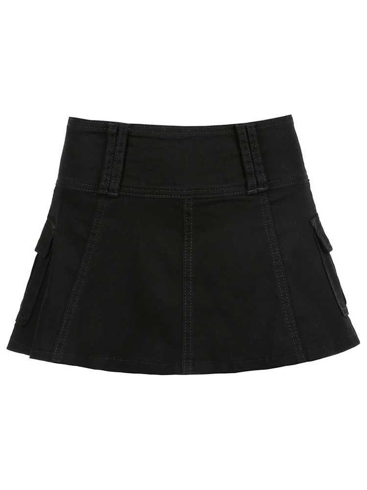 Sweetown White A Line Y2K Denim Shorts Skirts Womens Black Side Pocket Casual Cargo Jean Skirt Simple Preppy Tennis OutfitsXJ241221
