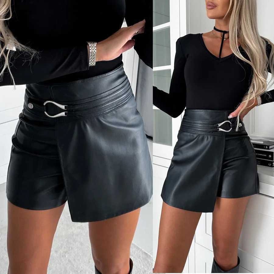 Womens S-XL Size Fashion Leather Short Casual Solid Versatile Short Leather Pant Spliced Mid Waist Straight Leg Pants Pu ShortsXJ241221