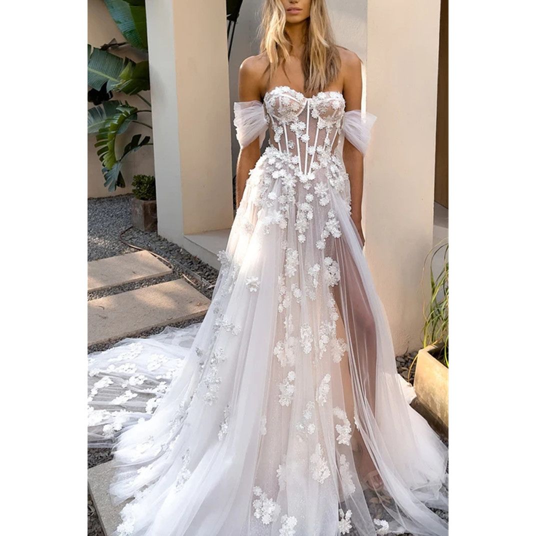 Off The Shoulder Floral Lace Wedding Dresses Beach Women Illusion Back Appliques V-Neck A-Line Bridal Gowns Tulle Vestido De Novia