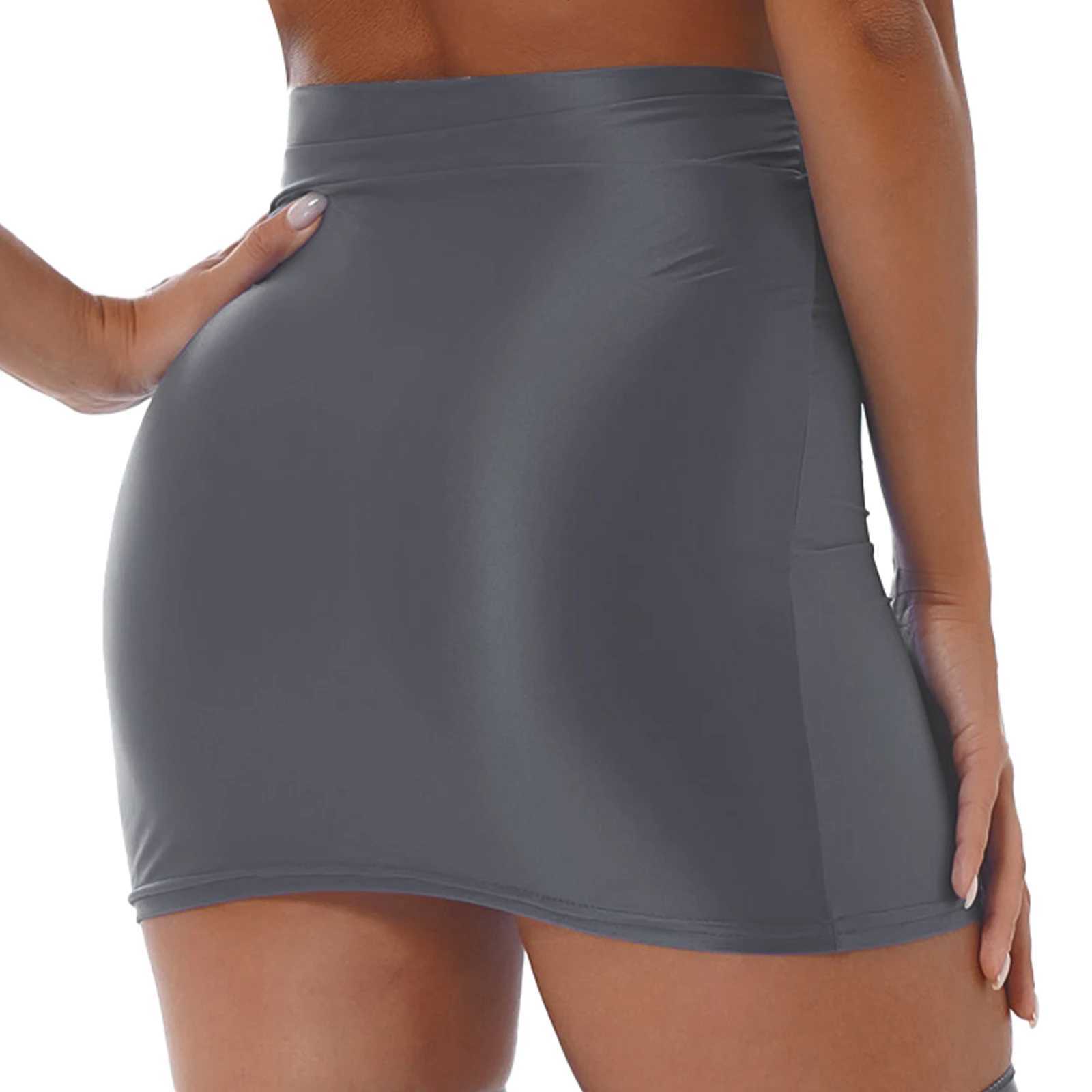 Womens Glossy Oil Solid Color Stretch Pencil Mini Skirt Casual High Waist Elastic Waistband Short Miniskirt Rave Party ClubwearXJ241221