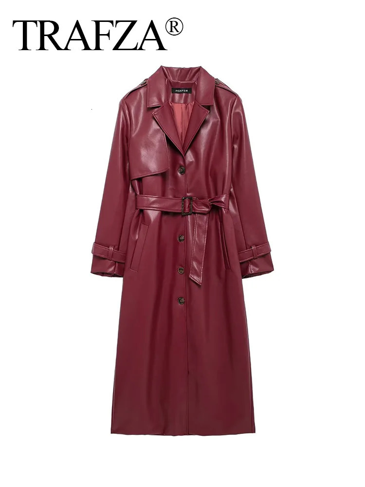TRAFZA Women Burgundy Faux Leather Maxi Long Trench Coat Elegant Lapel Sleeve Jackets with Belt Female Fashion Outerwear 241216