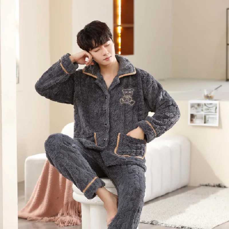 Large size 6Xl mens warm winter lovers pajamas evening gown flannel pajamas set thick pajamas long sleeves W241221