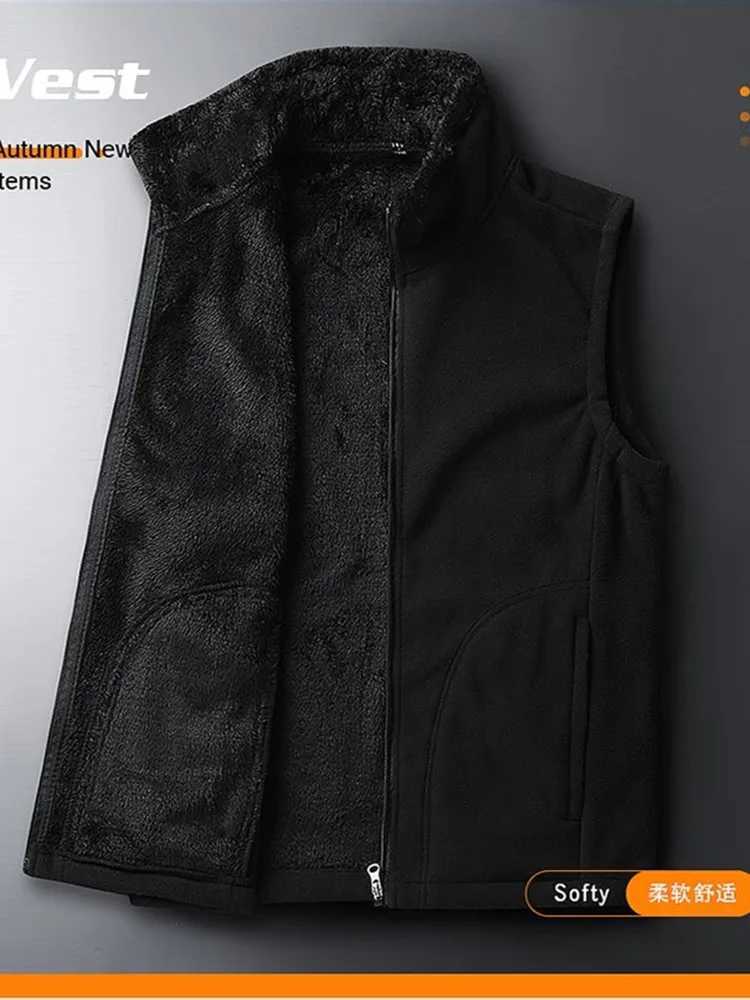 2024 Autumn and Winter New Fashion Solid Color Plus Fleece Thickened Thermal Vest Mens Casual Loose Comfortable Large Size CoatXJ241221