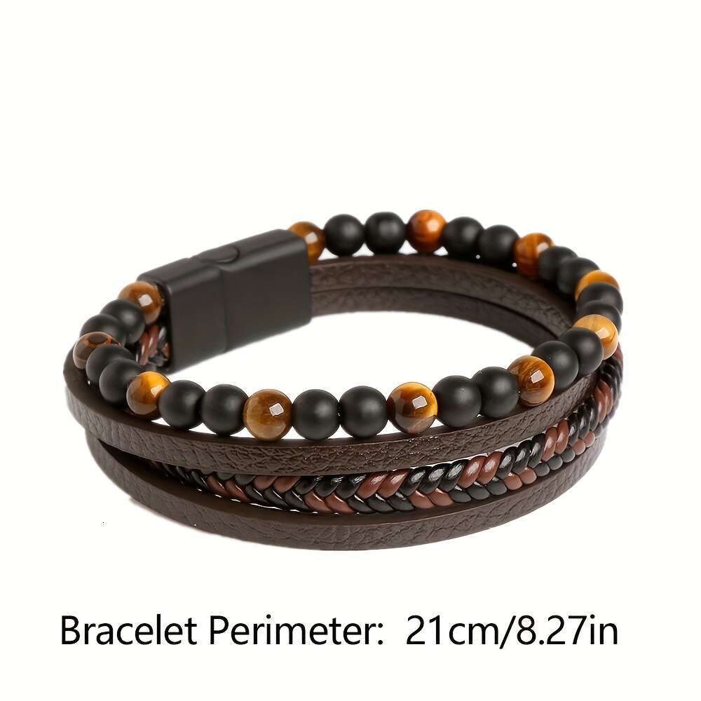 LALAVARA 1pc Fashion Layered Handmade Braided Leather Tiger Eyestone Beaded Characteristic Punk Bracelet, Father's Day Gift