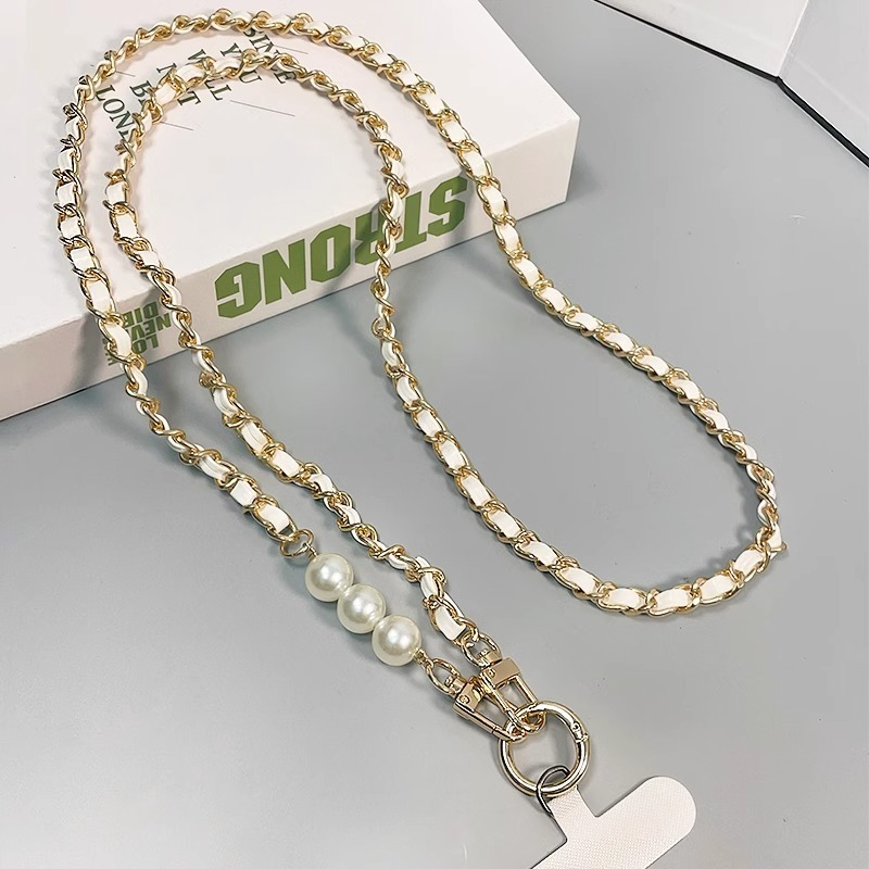 For Mobile Phone Straps Pearl Leather Chain Long Crossbody Neck Band Shoulder Cord Anti Loss Rope Hang Metal Leather Pendant