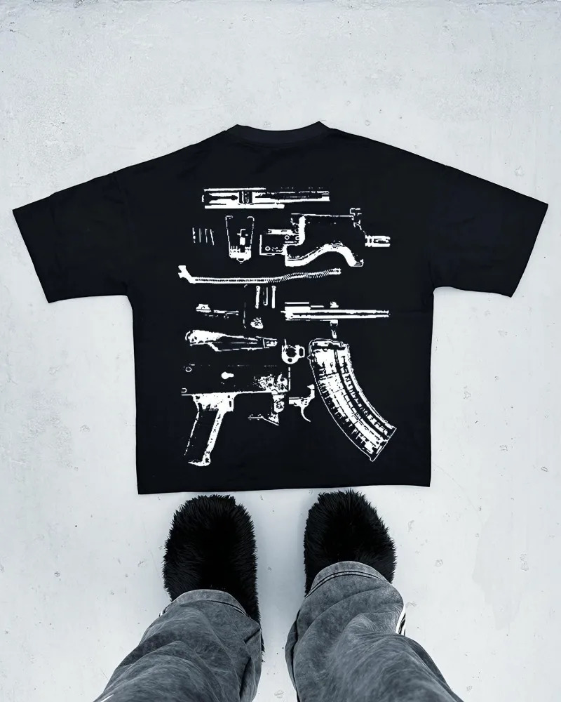 American High Street Fashion Machine Gun Alphabet Print Oversized Tshirt for Men Y2k Harajuku Goth Style Casual Shirt 241217