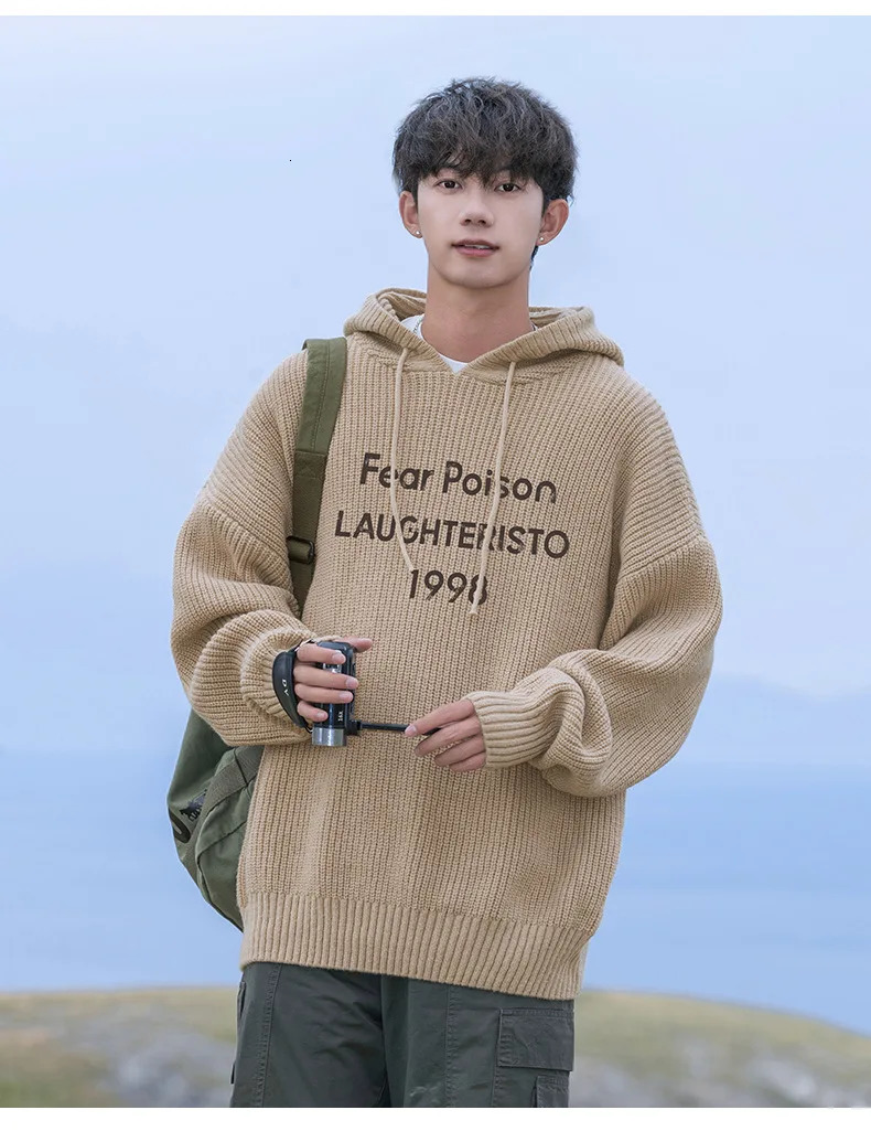 Velvet Hollow Hole Breaking Knit Sweater Mens Autumn Winter Models Loose Lazy Wind Hooded Pullover Sweater Top Warm 241220