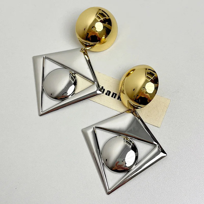 Exaggerated Fashion Glossy Metal Geometric Round Gold Color Silver Crystal Drop Earrings for Women Girls Jewelry Gifts 2024 241220