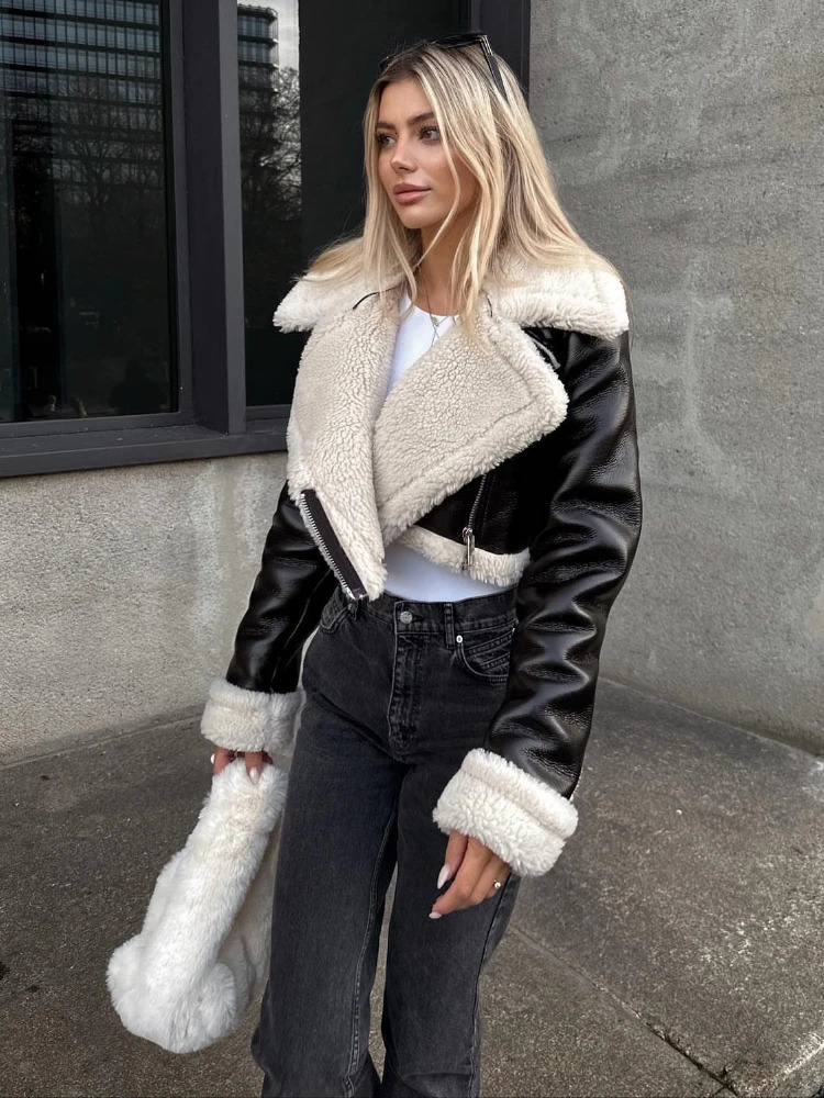 ZBZA Women Warm Motorcycle Short Jacket Lapel Longsleeved Zip Faux Leather Elegant Thick Outerwear Winter Female Chic Coat 241216
