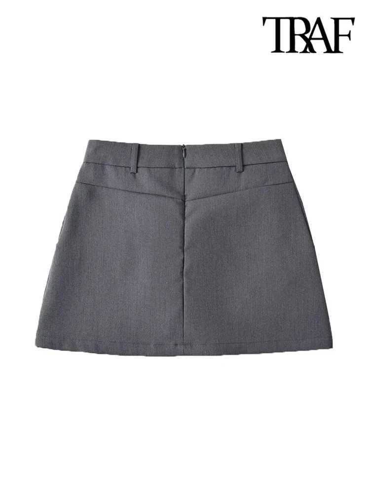 TR-Womens Solid Mini Skirt with Pockets High Waist Back Zipper Fe Skirts Chic FashionXJ241221