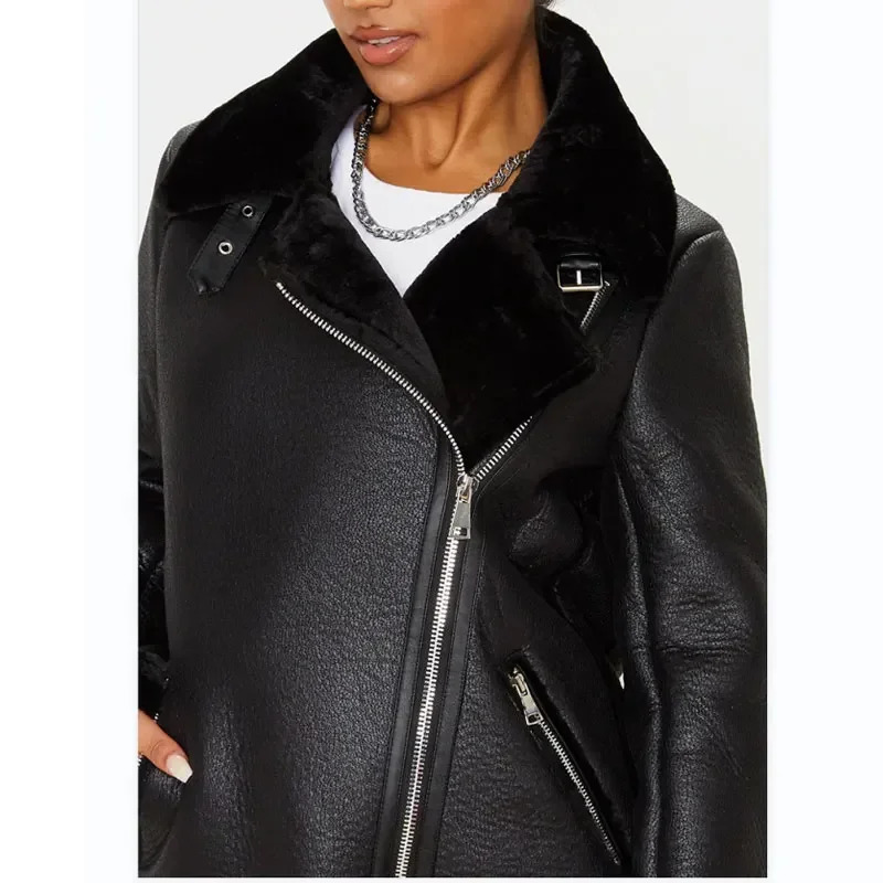 Elegant Women Faux Lamb Wool Fur Leather Jacket Winter Fashion Lady Sashes Black Outerwear Streetwear Female Zipper Suits 241216