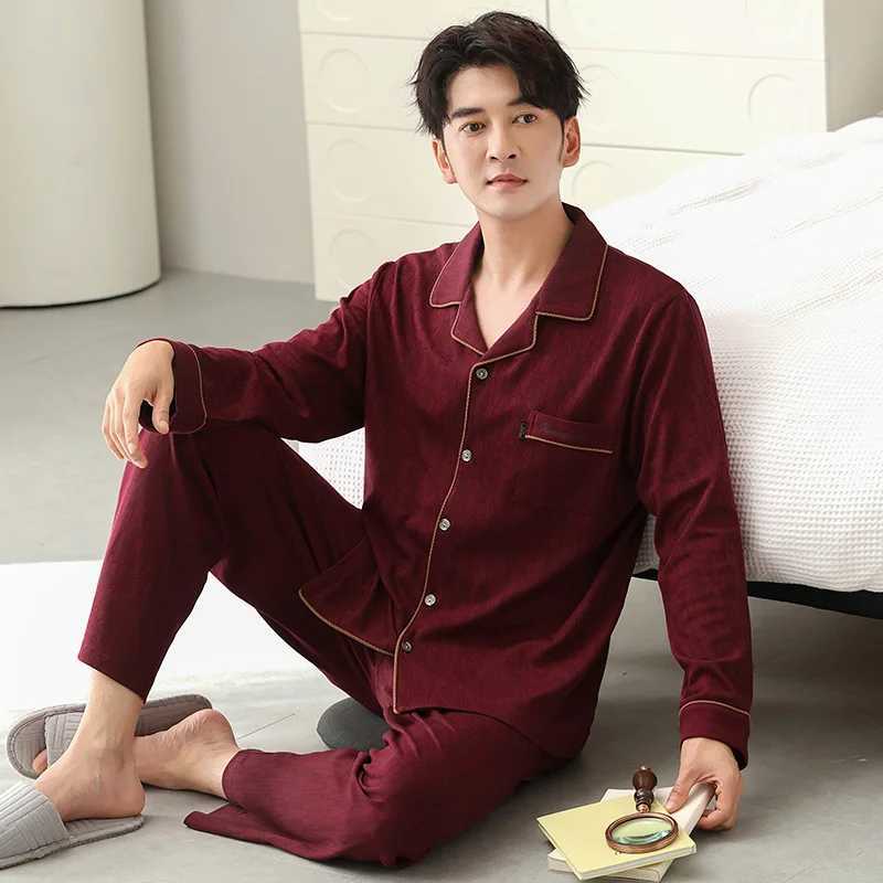 High quality M-4XL mens sleepwear set 100% pure cotton lapel sleepwear mens autumn sleepwear W241221