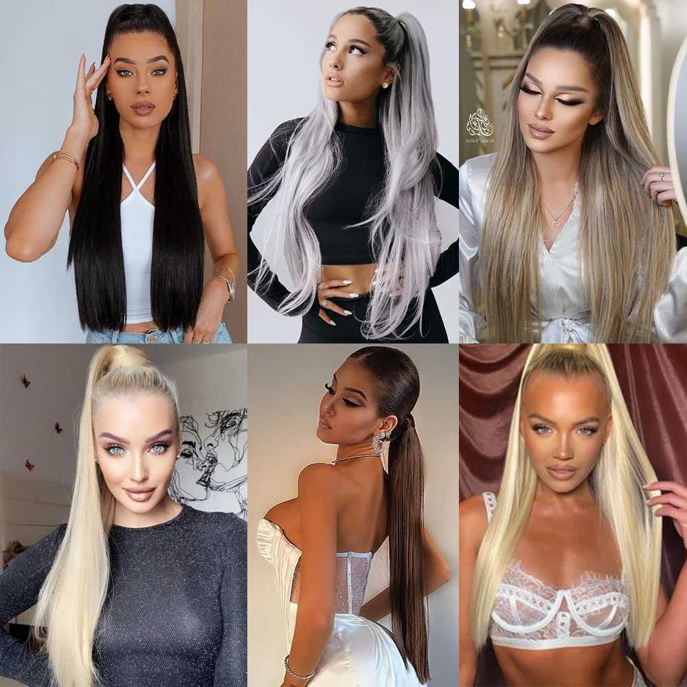 Synthetic 22 34 Long Straight Wrap Around Ponytail Clip In Hair Extension Blonde Brown Heat Resistant Pony Hairpiece For WomenXJ241221